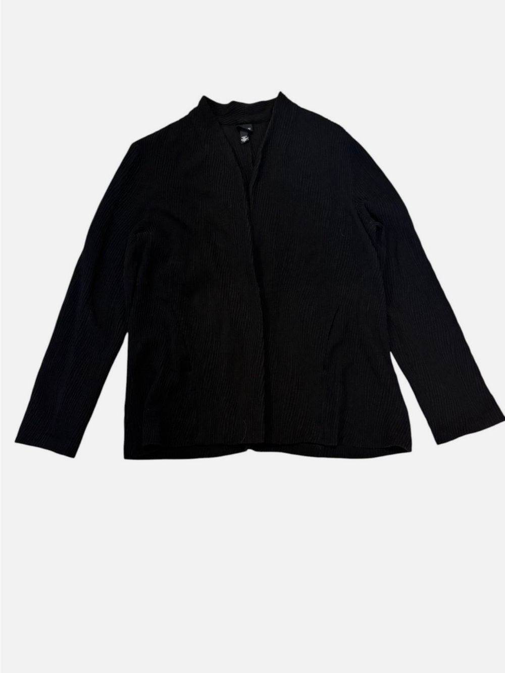 Eileen Fisher Black Ribbed Knit Cardigan Blazer Jacket Pockets 1 Snap Button L